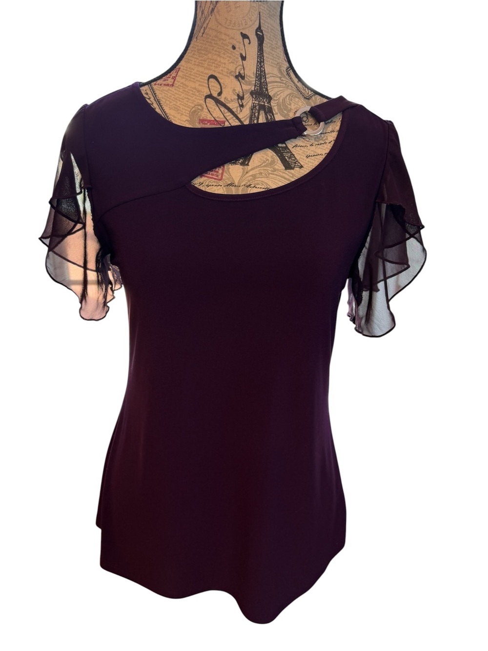 Women's Plum Keyhole Top with Sheer Flutter Sleeves